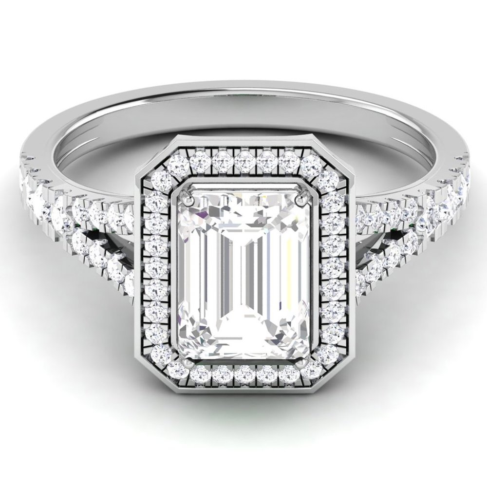 2.0 CTW IGI E-VVS2 Emerald Cut Halo Diamond Split Band Engagement Ring 14k Gold